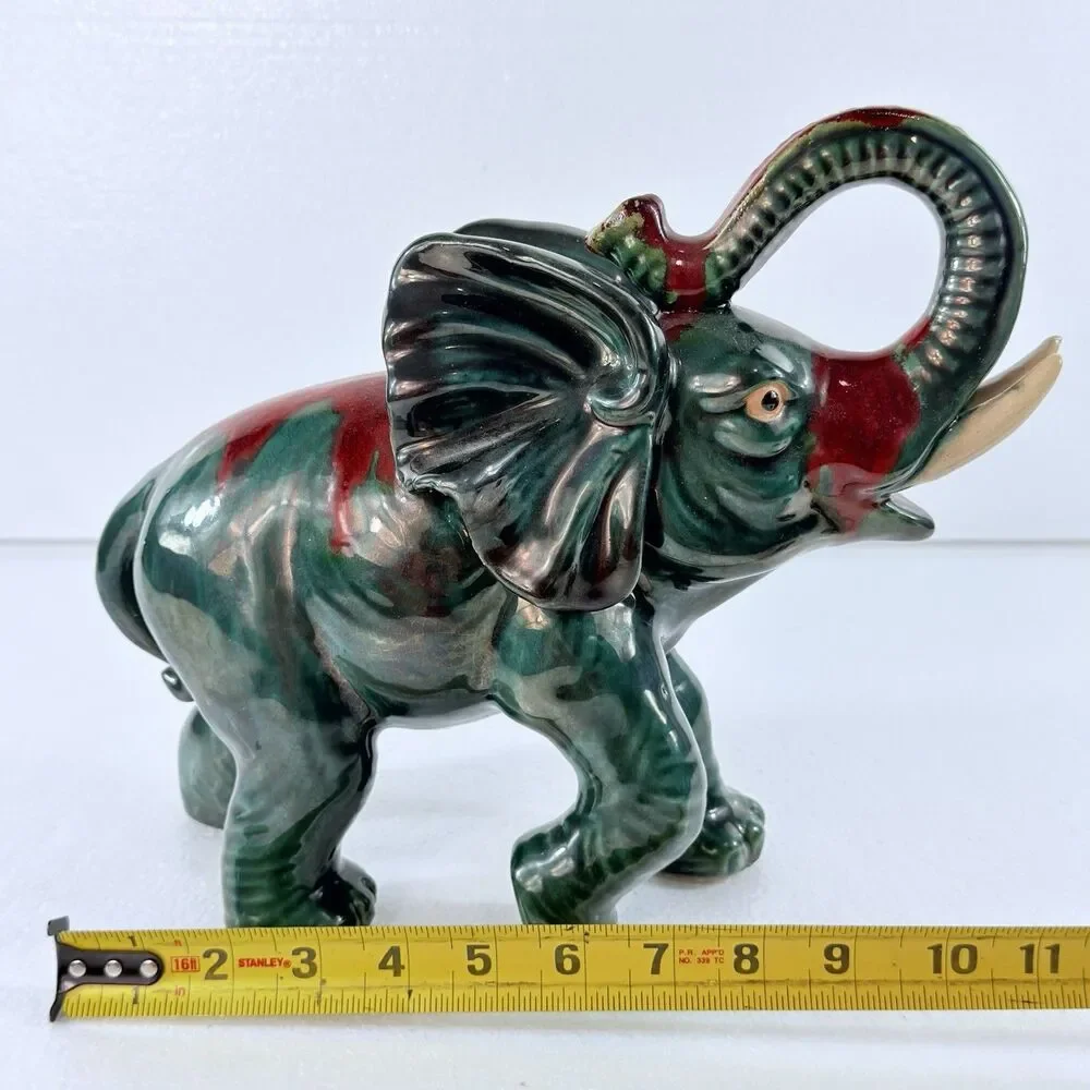 Vtg 1950's Ceramic Art Pottery Elephant Figurine Lucky Trunk Up Green Red Glaze